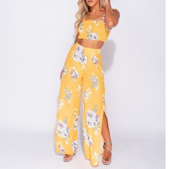 Yellow Tropical Floral Print Crop Top & Pants Set - Picture 3 of 10